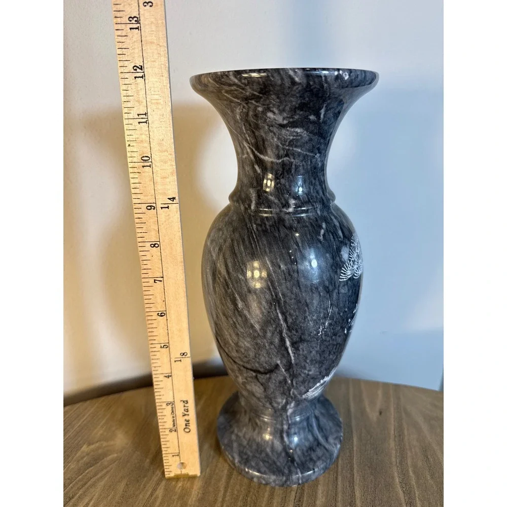 Vintage Hand Carved Marble Vase Home Decor 12.5in Grey Etched Tiger Pine Tree